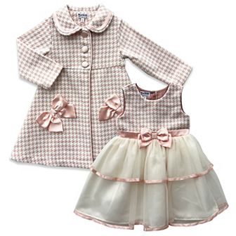 Baby & Toddler Blueberi Boulevard 2 pc Boucle Coat & Dress Set with Satin Bows