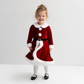 Baby & Toddler Blueberi Boulevard Santa Dress with Faux Fur Trim & Long Sleeves