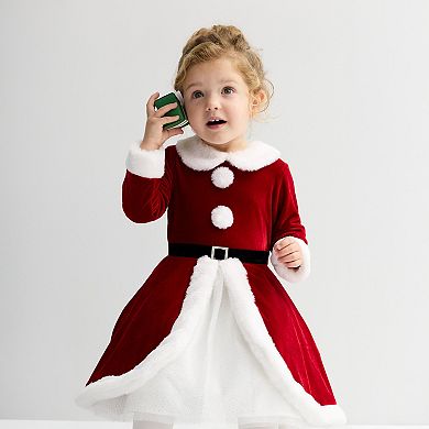 Baby & Toddler Blueberi Boulevard Santa Dress with Faux Fur Trim & Long Sleeves