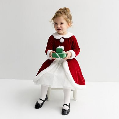 Baby & Toddler Blueberi Boulevard Santa Dress with Faux Fur Trim & Long Sleeves