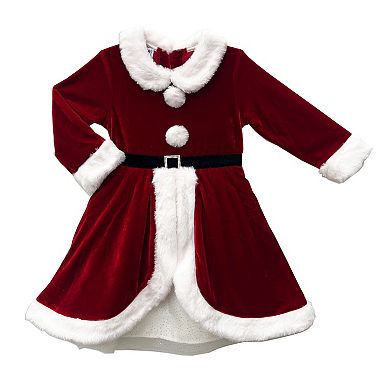 Baby & Toddler Blueberi Boulevard Santa Dress with Faux Fur Trim & Long Sleeves