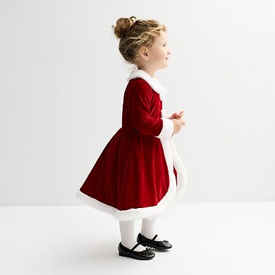 Baby & Toddler Blueberi Boulevard Santa Dress with Faux Fur Trim & Long Sleeves