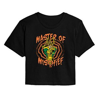 Juniors' Marvel Loki Master Of Mischief Cropped Tee