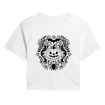 Juniors' Floral Pumpkin Cropped Tee
