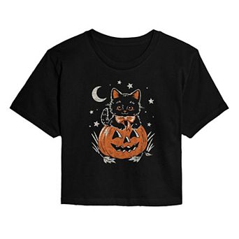 Juniors' Halloween Kitten Cropped Tee