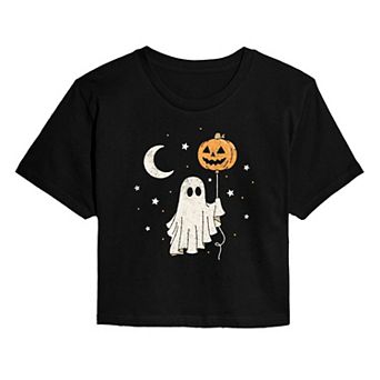 Juniors' Ghost & Pumpkin Balloon Cropped Tee