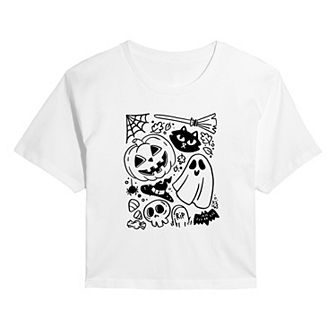 Juniors' Halloween Doodle Cropped Tee