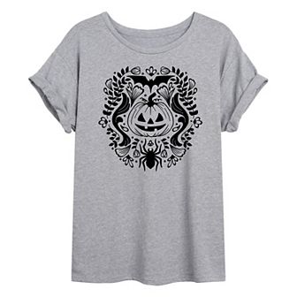 Juniors' Floral Pumpkin Halloween Oversized Tee