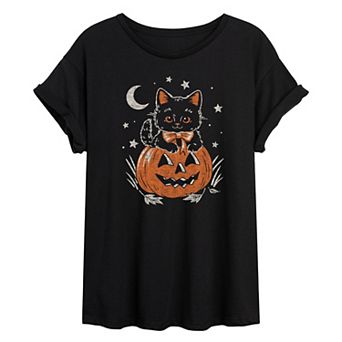 Juniors' Halloween Kitten Oversized Tee
