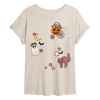 Juniors' Groovy Halloween Collage Oversized Tee