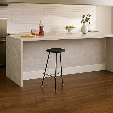 Elira 24.5 Backless Barstool with Round Mango Wood Seat, PVD Coating, Iron Legs, Footrest