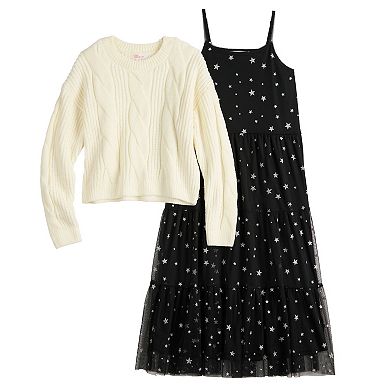 Girls Mini Society Chenille Sweater & Woven Mesh Dress Set