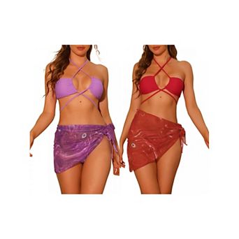 2 Sets Women's Bandeau Bikini, O Ring Cinched Swimsuits Set with Sarong Cover Ups Beach Skirt