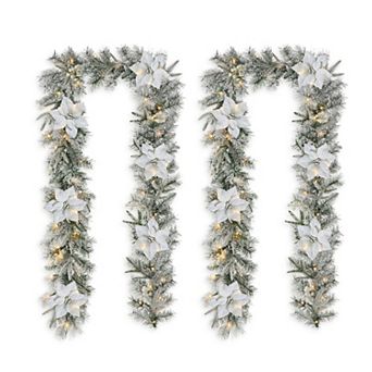 Glitzhome Set of 2 Christmas Garland, 9ft Pre-Lit Snow Flocked Greenery Pine Poinsettia Garland