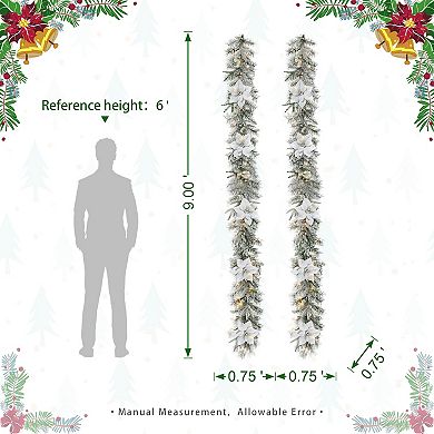 Glitzhome Set of 2 Christmas Garland, 9ft Pre-Lit Snow Flocked Greenery Pine Poinsettia Garland