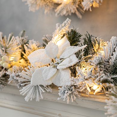 Glitzhome Set of 2 Christmas Garland, 9ft Pre-Lit Snow Flocked Greenery Pine Poinsettia Garland