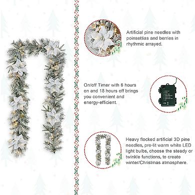 Glitzhome Set of 2 Christmas Garland, 9ft Pre-Lit Snow Flocked Greenery Pine Poinsettia Garland