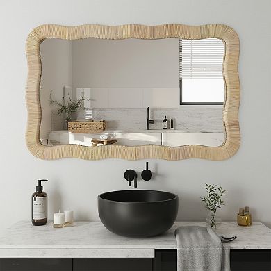 Parisloft Rattan Wall Mirror, Irregular Wave Mirror, 23.6" W x 1.4" D x 37.8" H