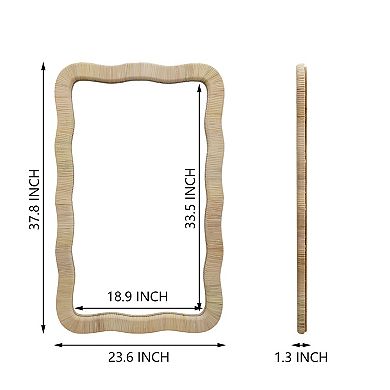 Parisloft Rattan Wall Mirror, Irregular Wave Mirror, 23.6" W x 1.4" D x 37.8" H