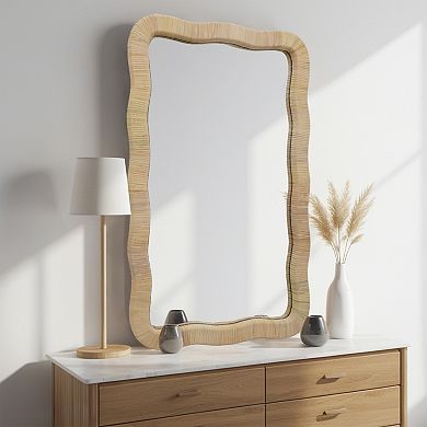 Parisloft Rattan Wall Mirror, Irregular Wave Mirror, 23.6" W x 1.4" D x 37.8" H