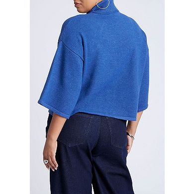 ELOQUII Women's Plus Size Boxy Three Quarter Sleeve Turtleneck