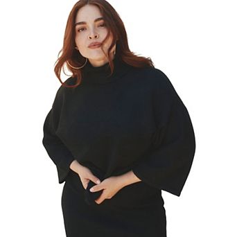 ELOQUII Women's Plus Size Boxy Three Quarter Sleeve Turtleneck