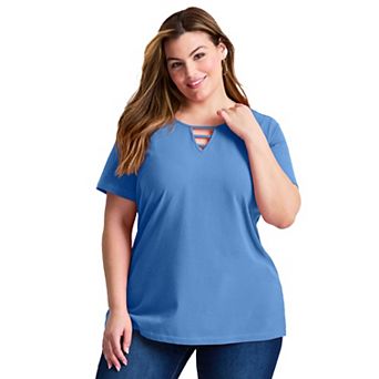 Avenue Women's Plus Size Triple Keyhole Short Sleeve Tee