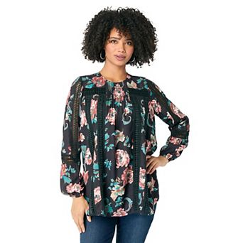 Roaman's Women's Plus Size Lace-Trim Blouson-Sleeve Top