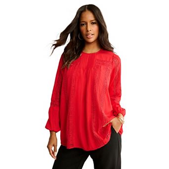 Roaman's Women's Plus Size Lace-Trim Blouson-Sleeve Top