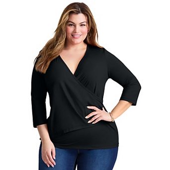 Avenue Women's Plus Size Side Ruched Faux Wrap Top