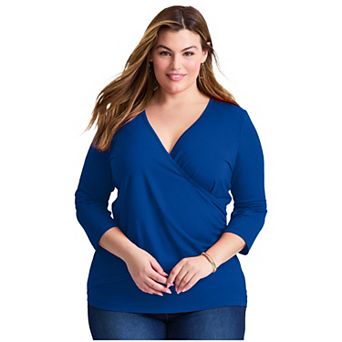 Avenue Women's Plus Size Side Ruched Faux Wrap Top