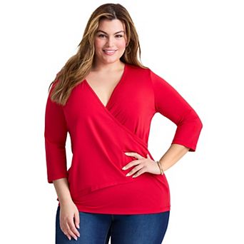 Avenue Women's Plus Size Side Ruched Faux Wrap Top