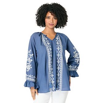Roaman's Women's Plus Size Tasseled Long-Sleeve Blouson Top
