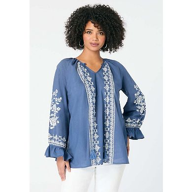 Roaman's Women's Plus Size Tasseled Long-Sleeve Blouson Top