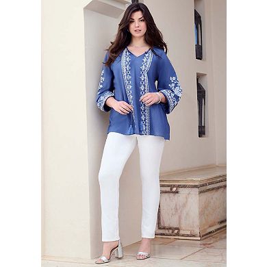 Roaman's Women's Plus Size Tasseled Long-Sleeve Blouson Top