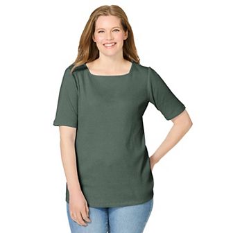 Woman Within Plus Size Ribbed Square Neck Elbow-Sleeve Tee