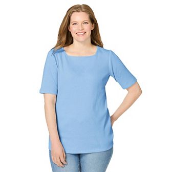 Woman Within Plus Size Ribbed Square Neck Elbow-Sleeve Tee