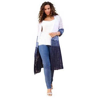 Roaman's Women's Plus Size Knee-Length Pointelle Cardigan