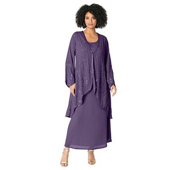 Roaman's Women's Plus Size Plus-Size 2 pc Long Sleeve Beaded Georgette Gown Set With Detachable