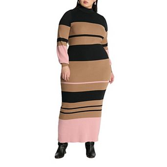 ELOQUII Women's Plus Size Striped Mock Neck Sweater Dress