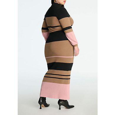 ELOQUII Women's Plus Size Striped Mock Neck Sweater Dress