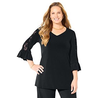 Catherines Women's Plus Size Dream Drape V-Neck Lace Trim Top