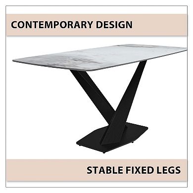 Leisurmod Voren 71" Dining Table With Glass/Sintered Stone Tabletop And Black Steel Base