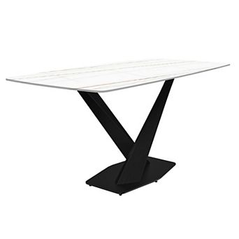 Leisurmod Voren 71" Dining Table With Glass/Sintered Stone Tabletop And Black Steel Base