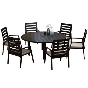 LeisureMod Chelsea 7 pc Patio Dining Set, 60" Round Aluminum Dining Table, 6 Dining Armchair