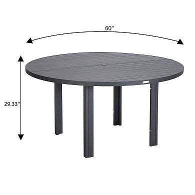 LeisureMod Chelsea 7-Piece Patio Dining Set, 60" Round Aluminum Dining Table, 6 Dining Armchair