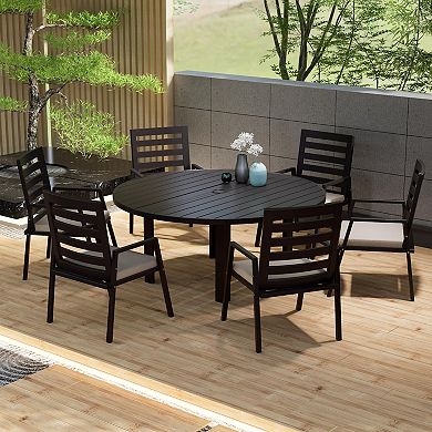 LeisureMod Chelsea 7-Piece Patio Dining Set, 60" Round Aluminum Dining Table, 6 Dining Armchair