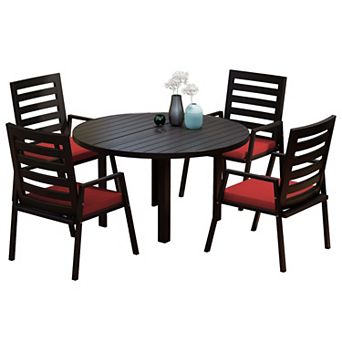 LeisureMod Chelsea 5 pc Patio Dining Set, 48" Round Aluminum Dining Table, 4 Dining Armchair