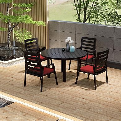 LeisureMod Chelsea 5-Piece Patio Dining Set, 48" Round Aluminum Dining Table, 4 Dining Armchair