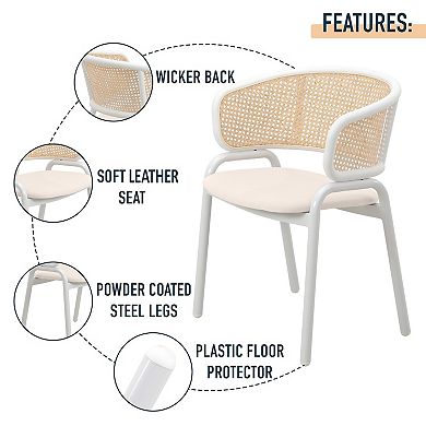 LeisureMod Ervilla Modern Leather Dining Chair with Wicker Back and White Steel Legs